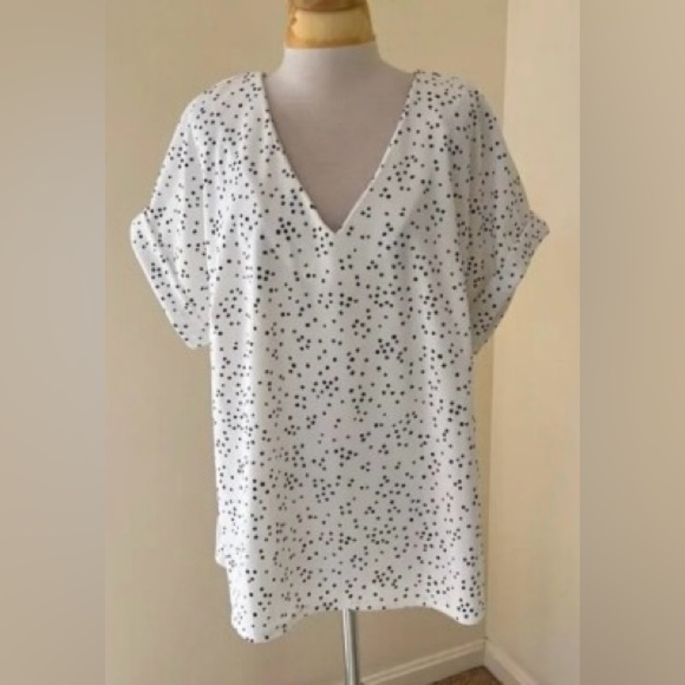 Melloday Women's Cream Black Dotted Career Office Zip Top Blouse‎  Shirt 1X Plus